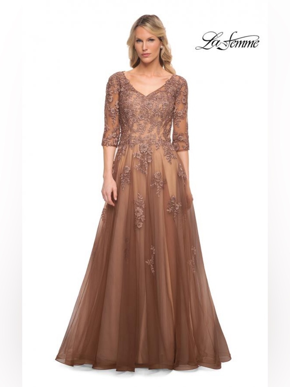 La Femme Copper Brown Embroidered Tulle Evening Gown